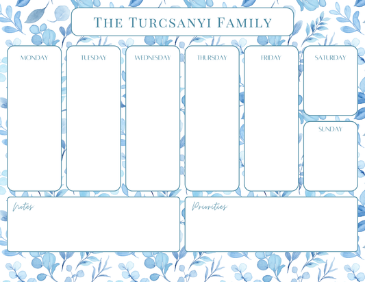 customized family weekly planner: blue & white floral