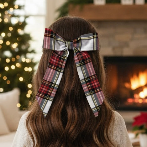 Classic White-Red-Black Plaid Long Tail Bow