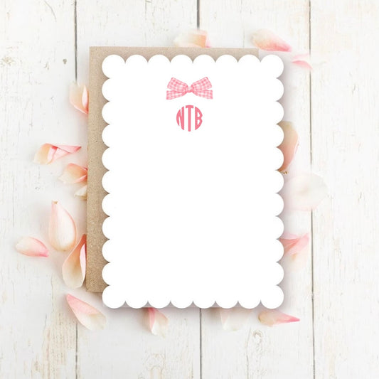 monogram classic pink bow scalloped stationery